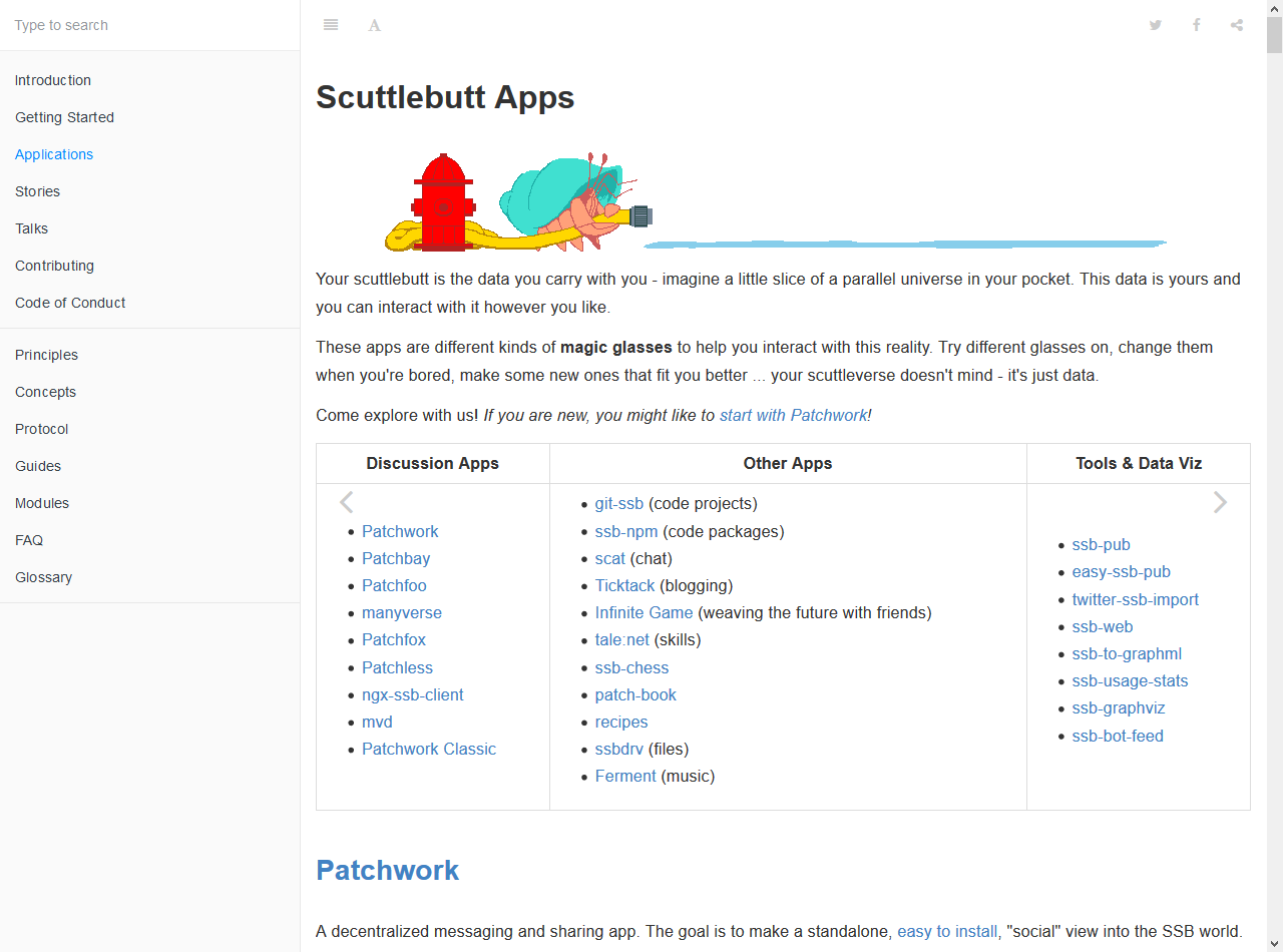 A screen shot of "Scuttlebutt Apps" taken from scuttlebutt.nz on 2019-10-19