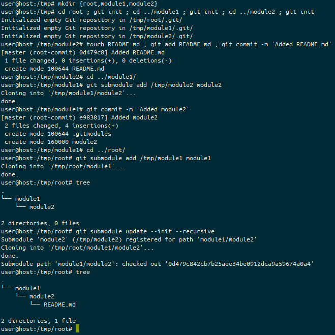 The output of running mkdir {root,module1,module2} ; cd root ; git init ; cd ../module1 ; git init ; cd ../module2 ; git init ; touch README.md ; git add README.md ; git commit -m 'Added README.md' ; cd ../module1 ; git submodule add /tmp/module2 module2 ; git commit -m 'Added module2' ; cd ../root ; git submodule add /tmp/module1 module1 ; git submodule update --init --recursive ; tree showing the resulting tree of submodules under the root directory.