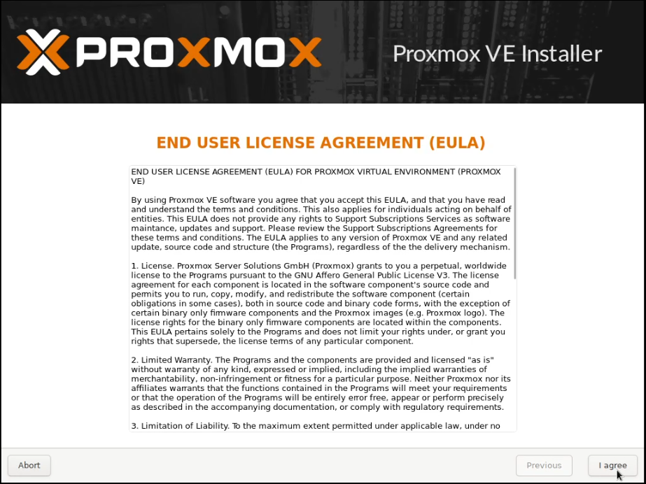 Proxmox installation screen showing the EULA