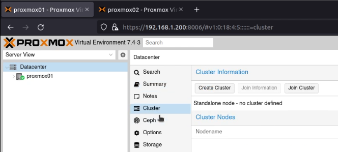 An image of the Proxmox server selecting the cluster screen