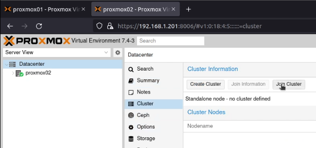 A screenshot of the proxmox cluster, showing where the "join cluster" button is.