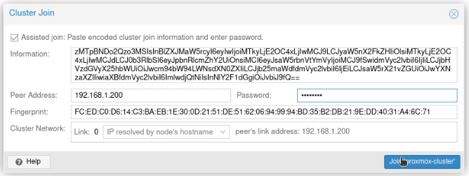 The Cluster Join screen, showing the pasted in text from the other cluster and that the password has been entered.