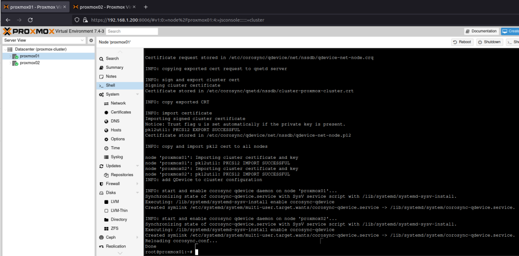 A screen shot of the second half of of the setup of the command pvecm qdevice setup