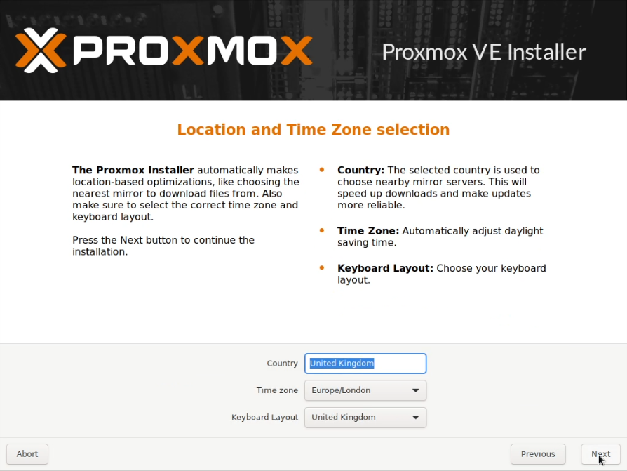 Proxmox installation screen showing the location and timezone settings