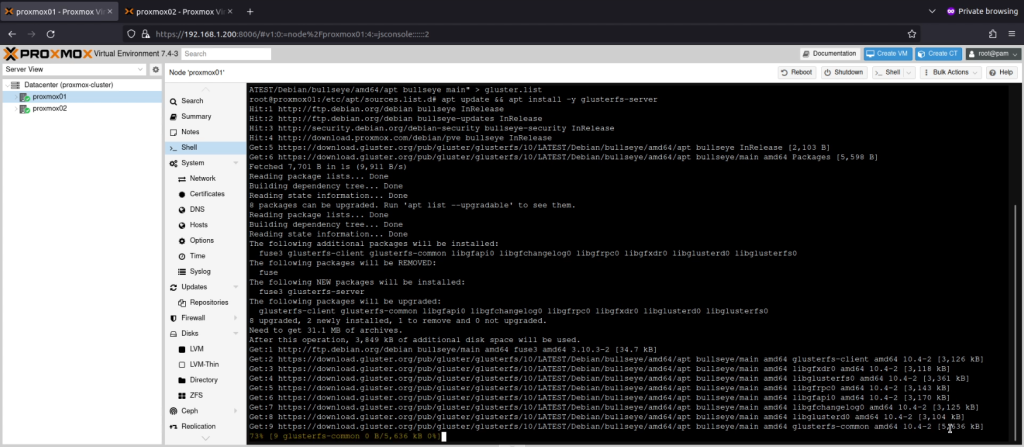 A screen shot showing the installation of glusterfs-server in progress