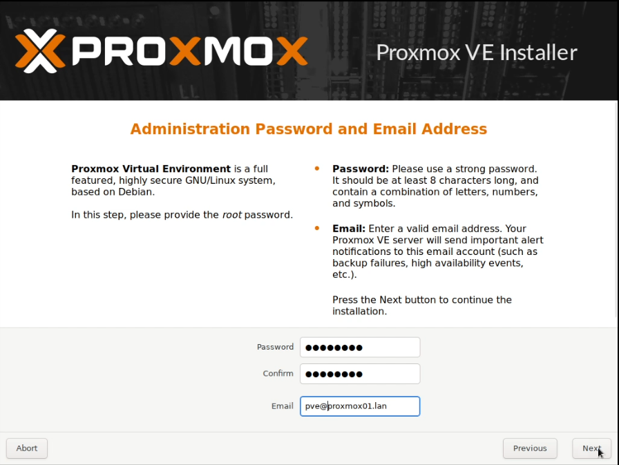 Proxmox installation screen showing the prompt for credentials and contact email address