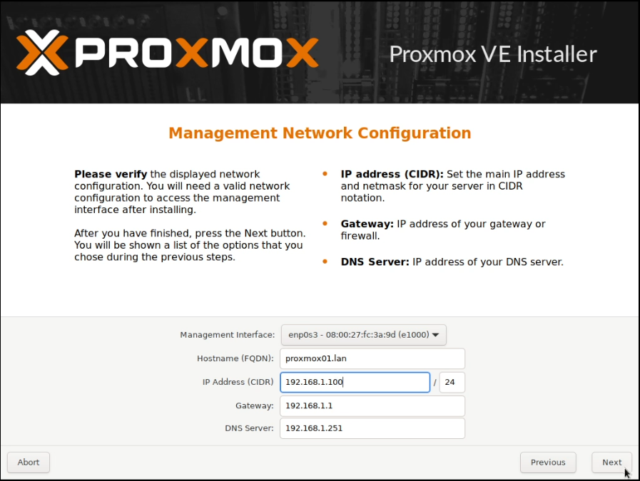 Proxmox installation screen showing the IP address and hostname selection screen