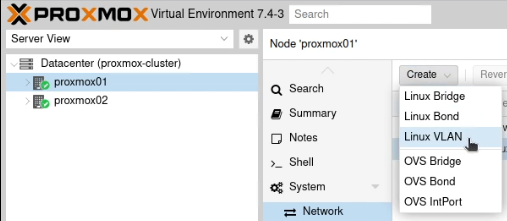 A screen shot showing where to add the van on the proxmox node.