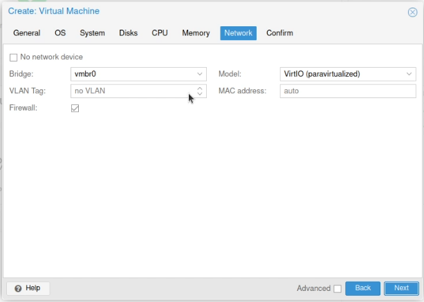 A screen shot showing how to configure the VLAN tag when creating a new virtual machine in Proxmox