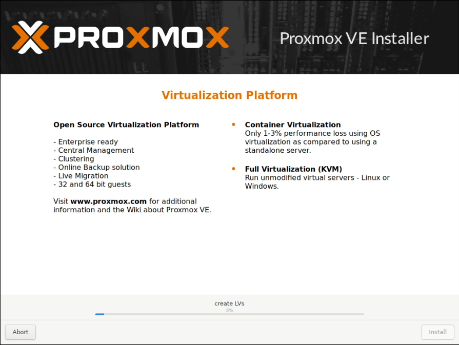 Proxmox installation screen showing the actual installation details and an advert for why you should use it.