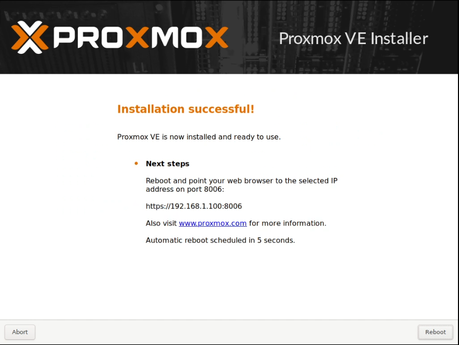 Proxmox installation screen showing the success screen