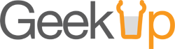 The word GeekUp, where the U is styled as a glass, half full with a drink